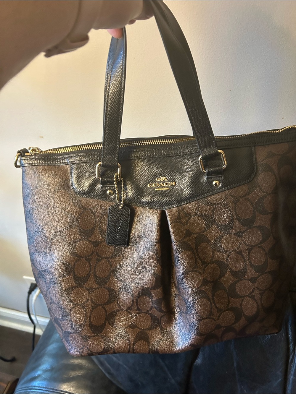 Coach Brown Signature Canvas Tote Bag with Black Leather Trim